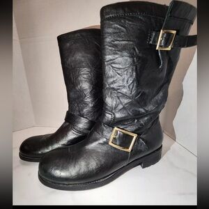 Jimmy Choo Womens Black Crinkle Leather Ankle Biker Moto Boots IT 40 US 9.5